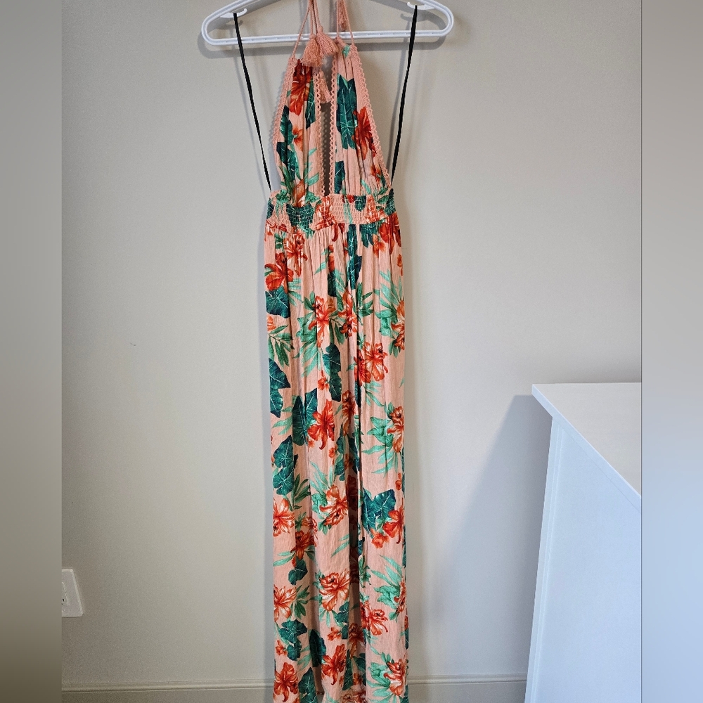 Forever 21 tropical floral halter maxi dress, pink + green, low back, new
